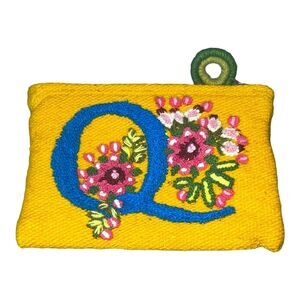 JENNY KRAUSS Love Letters Embroidered Wool Clutch Purse Bag  Yellow Monogram “Q”